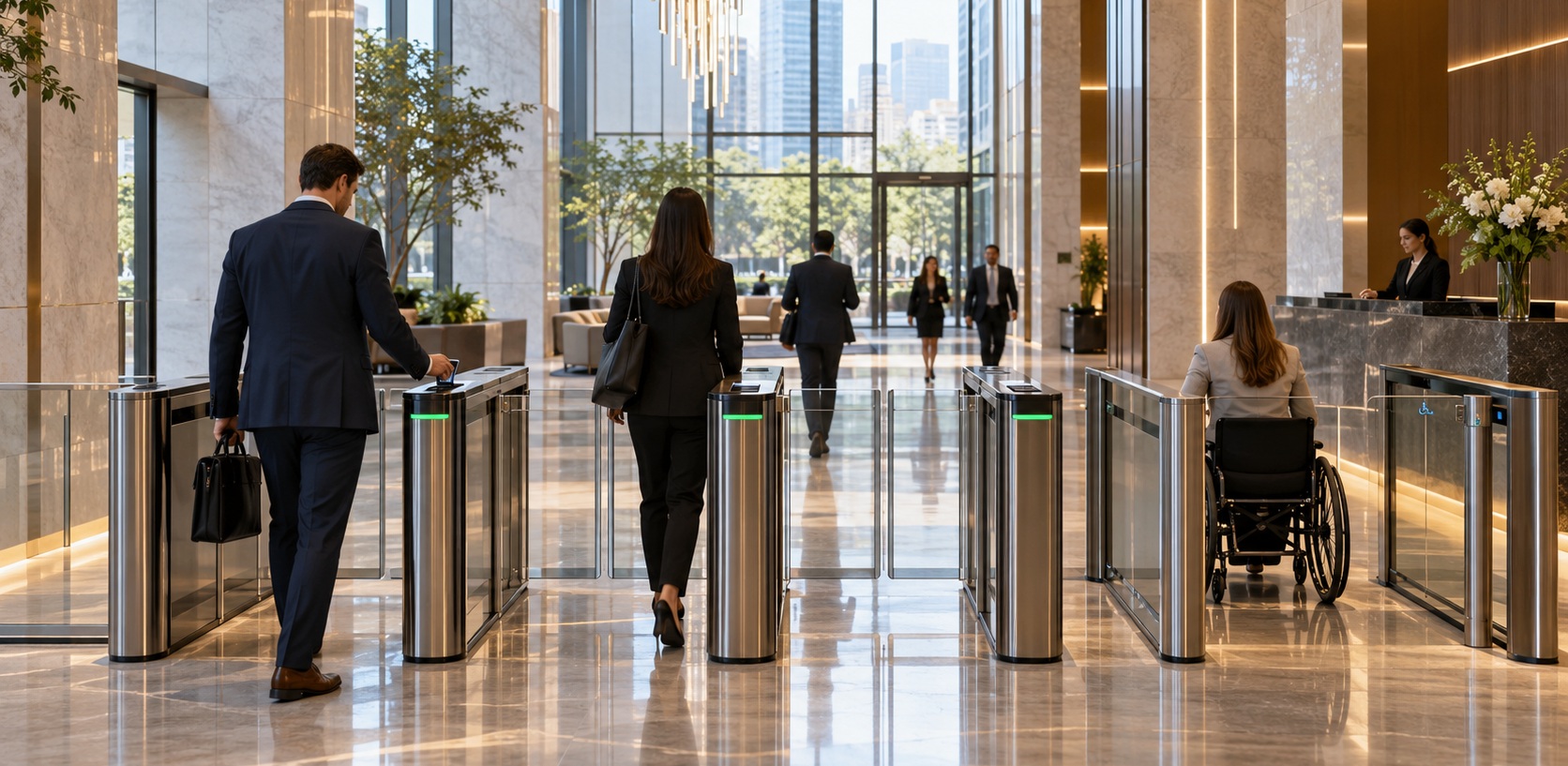 People moving through a bank of entrance gates in a modern reception